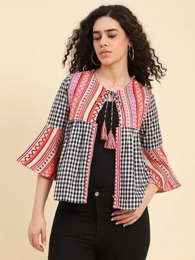 America and Beyond Boho Gingham Tie-Front Jacket Top